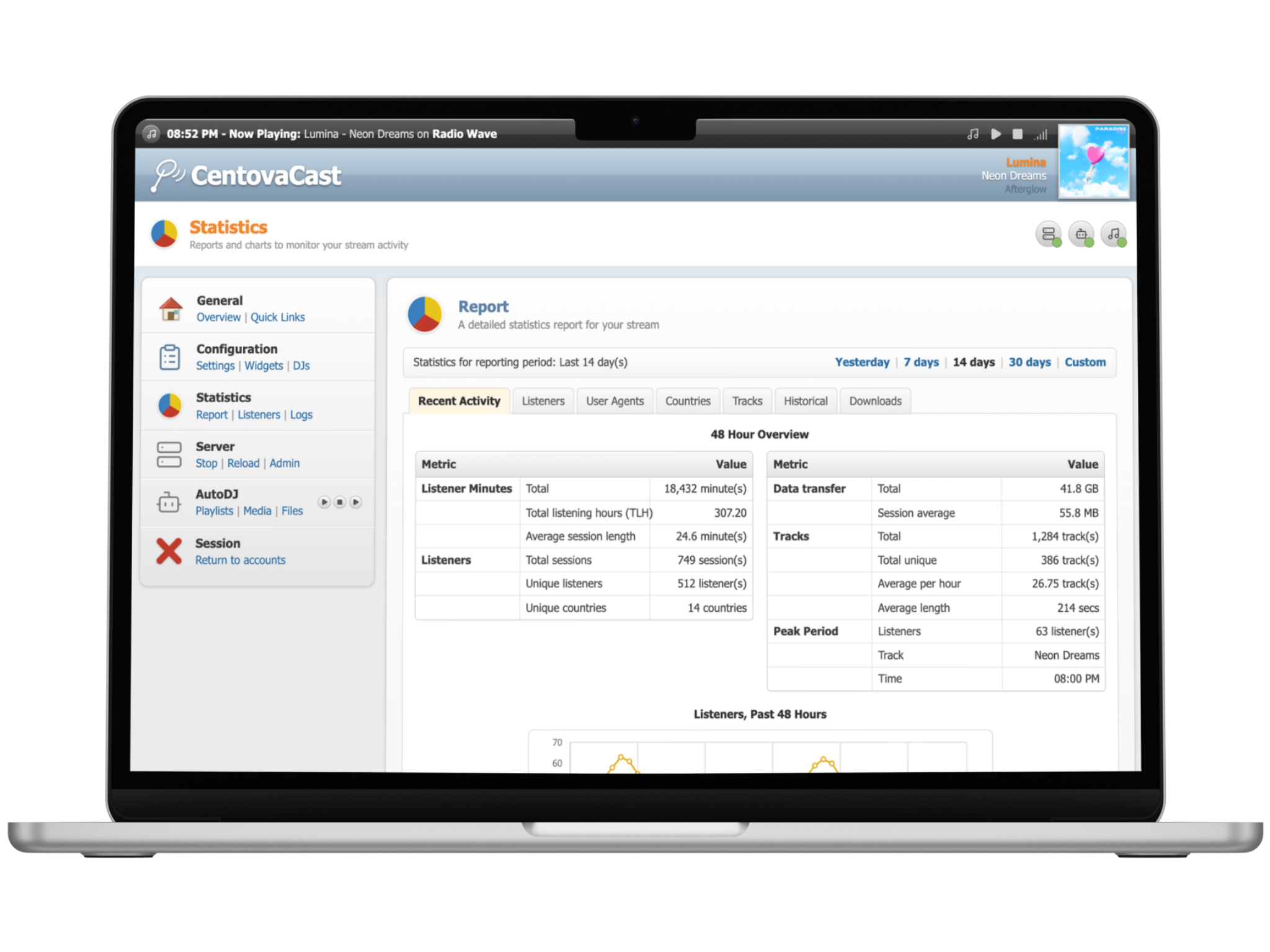 Radio statistics report on a laptop — FreeSHOUTcast